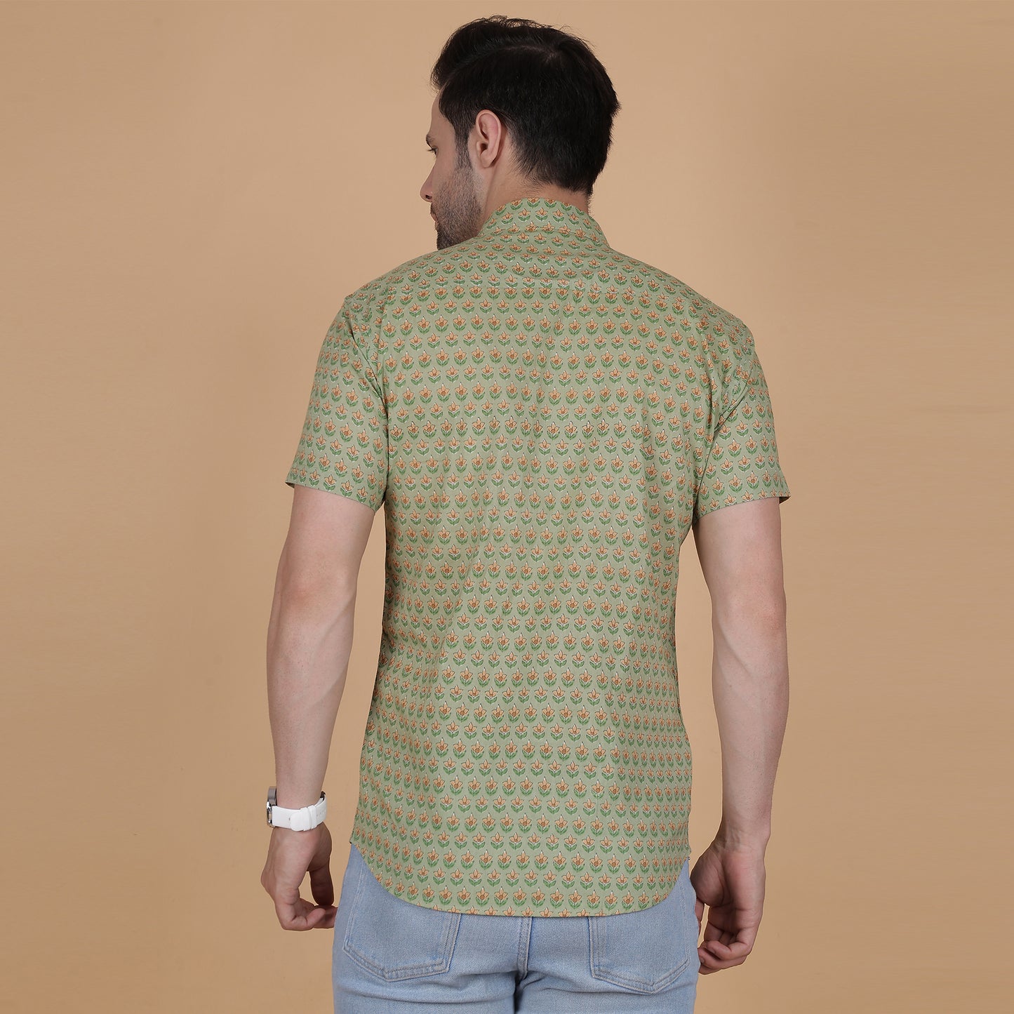 Men's Green Cotton Half-Sleeve Shirt with Floral Pattern