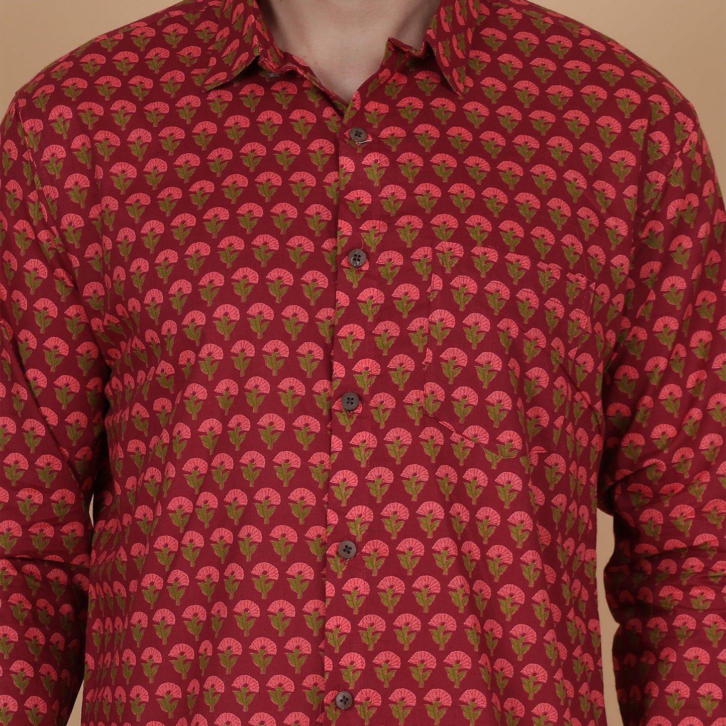 Men's Full-Sleeve Cotton Shirt with Red Floral Screen Print