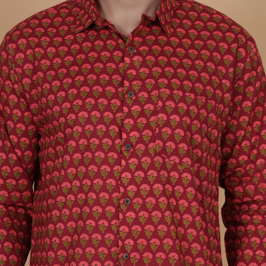 Men's Full-Sleeve Cotton Shirt with Red Floral Screen Print