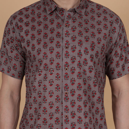 Men's Grey Cotton Half-Sleeve Shirt with Red Floral Print