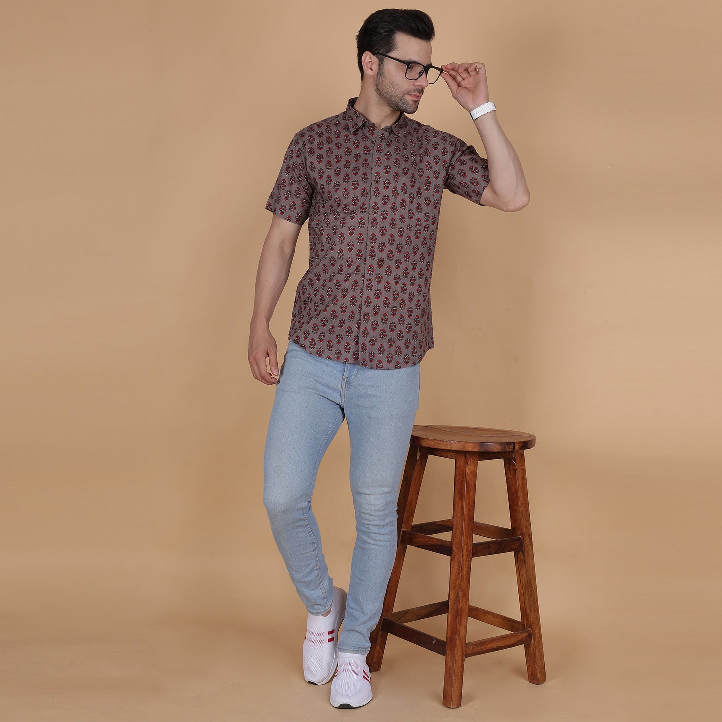 Men's Grey Cotton Half-Sleeve Shirt with Red Floral Print