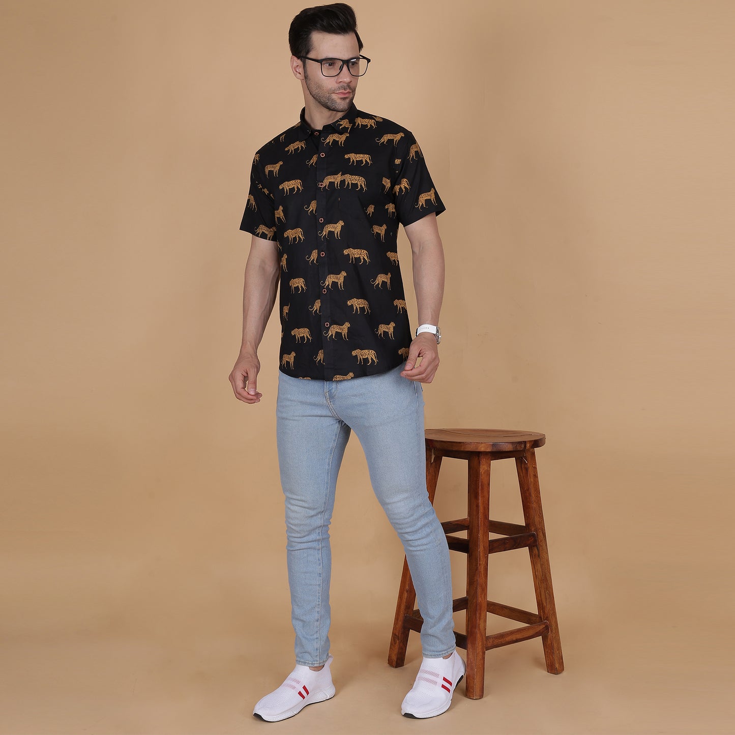 Men's Black Cotton Half-Sleeve Shirt with Leopard Print