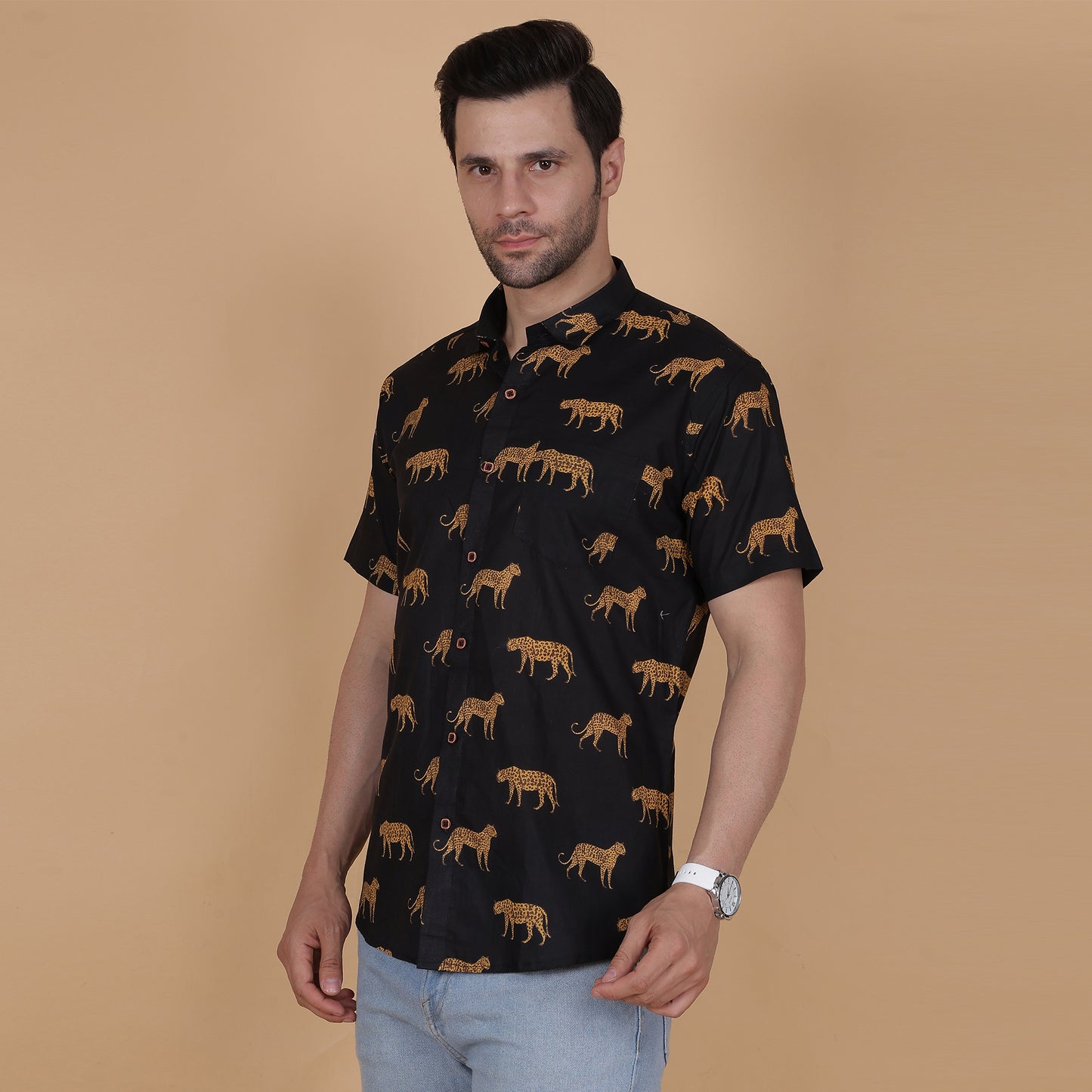 Men's Black Cotton Half-Sleeve Shirt with Leopard Print