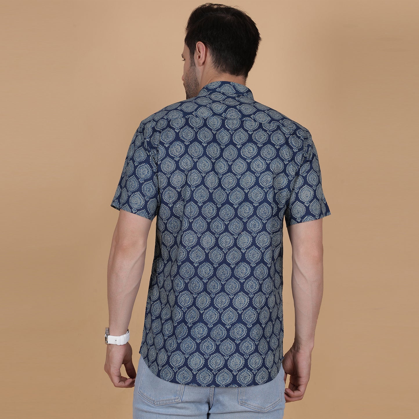 Men's Indigo Cotton Half-Sleeve Shirt with Heritage Print