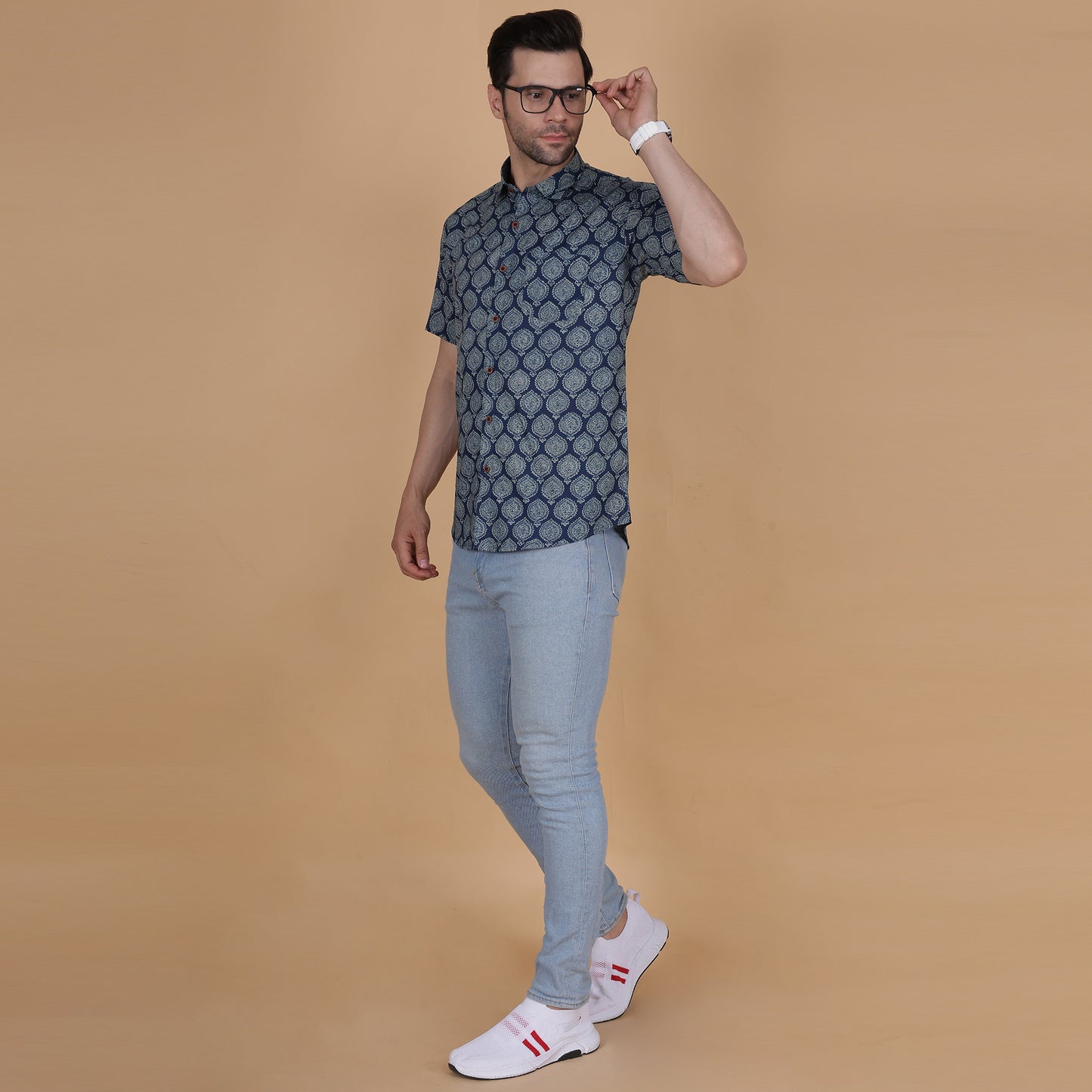 Men's Indigo Cotton Half-Sleeve Shirt with Heritage Print