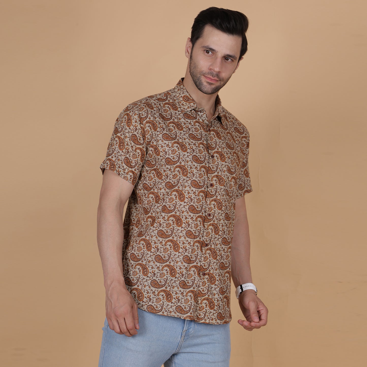 Men's Beige Cotton Half-Sleeve Shirt with Brown Paisley Pattern