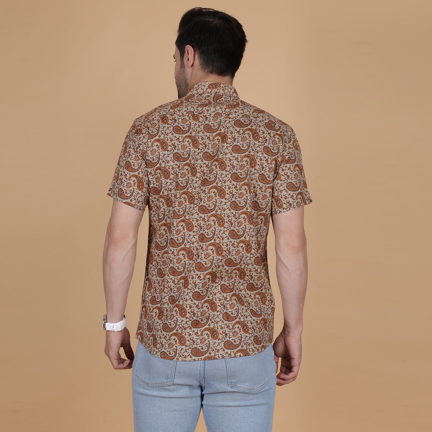 Men's Beige Cotton Half-Sleeve Shirt with Brown Paisley Pattern