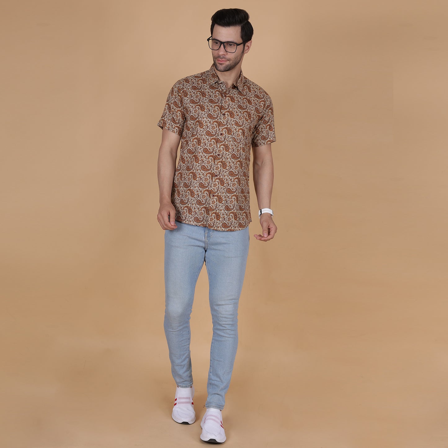 Men's Beige Cotton Half-Sleeve Shirt with Brown Paisley Pattern