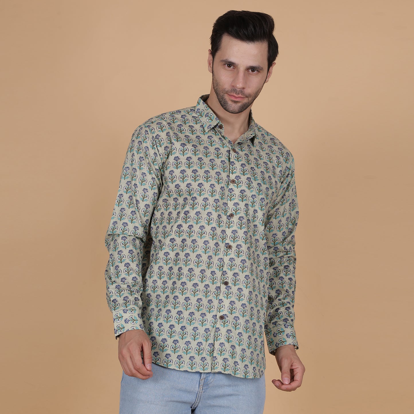 Men's Full-Sleeve Cotton Shirt with Mint Green Floral Screen Print
