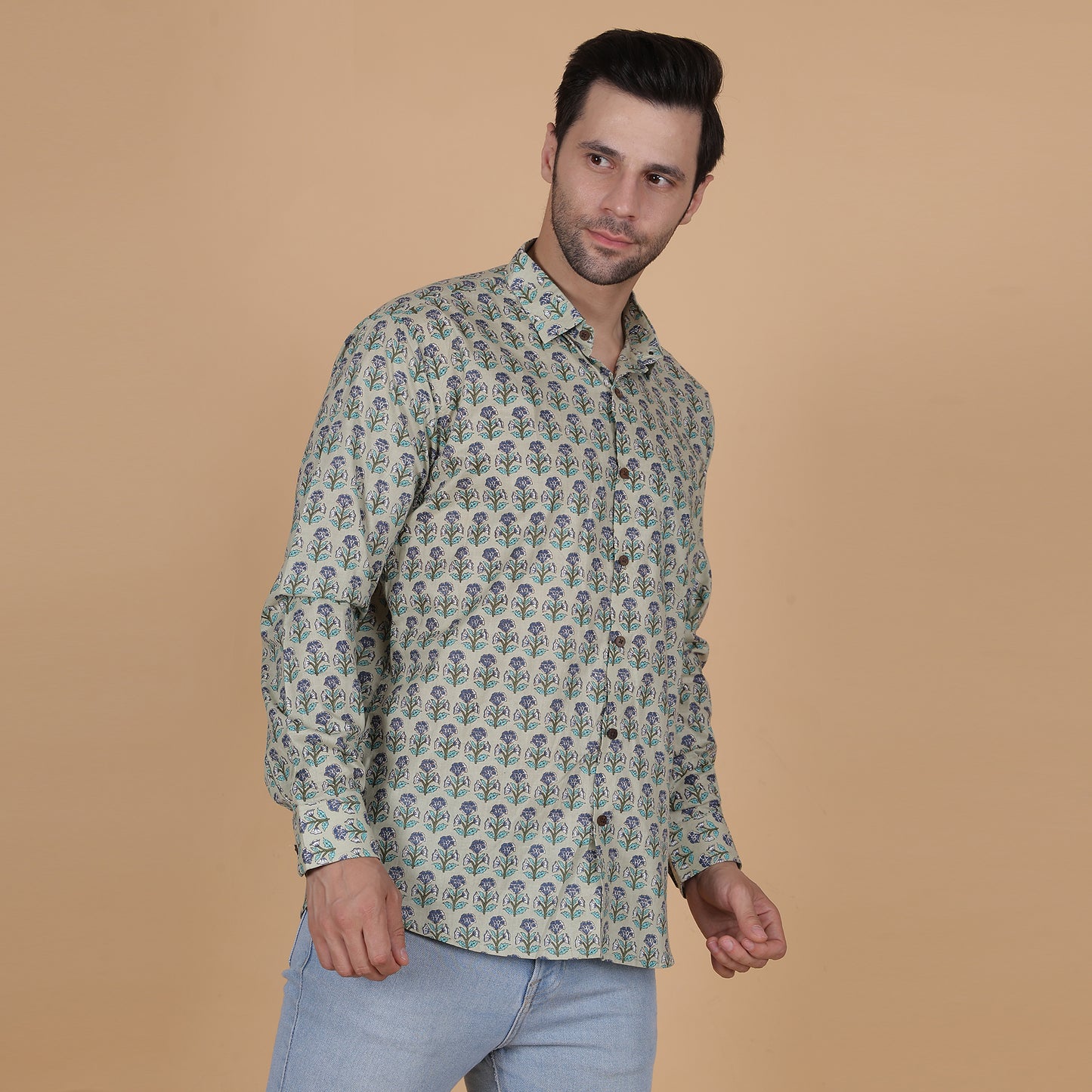 Men's Full-Sleeve Cotton Shirt with Mint Green Floral Screen Print