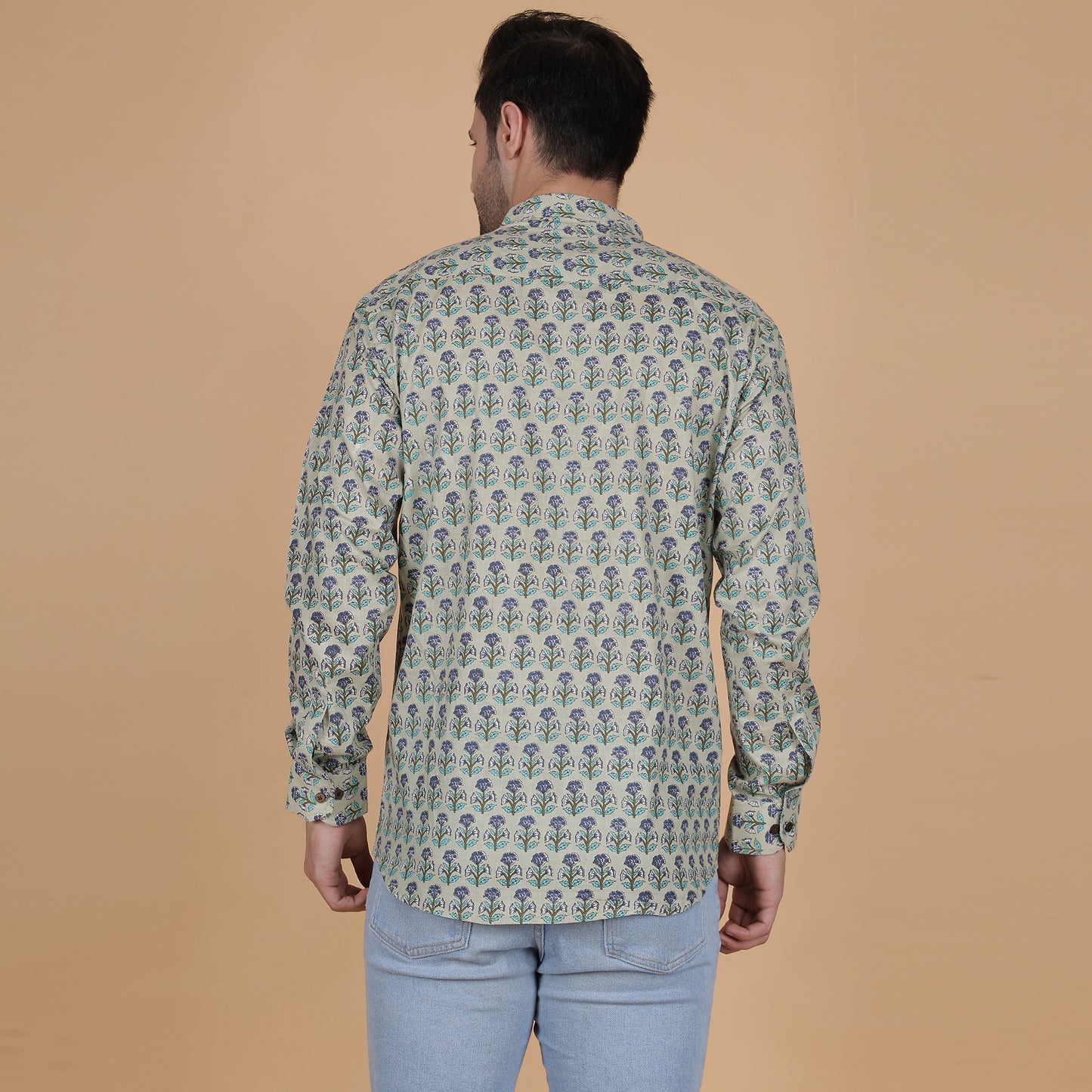 Men's Full-Sleeve Cotton Shirt with Mint Green Floral Screen Print