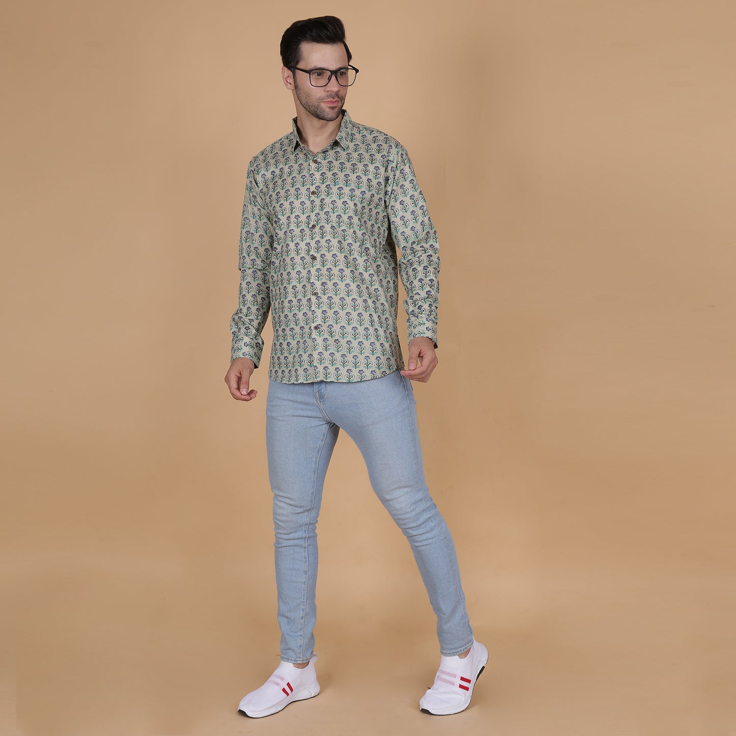 Men's Full-Sleeve Cotton Shirt with Mint Green Floral Screen Print