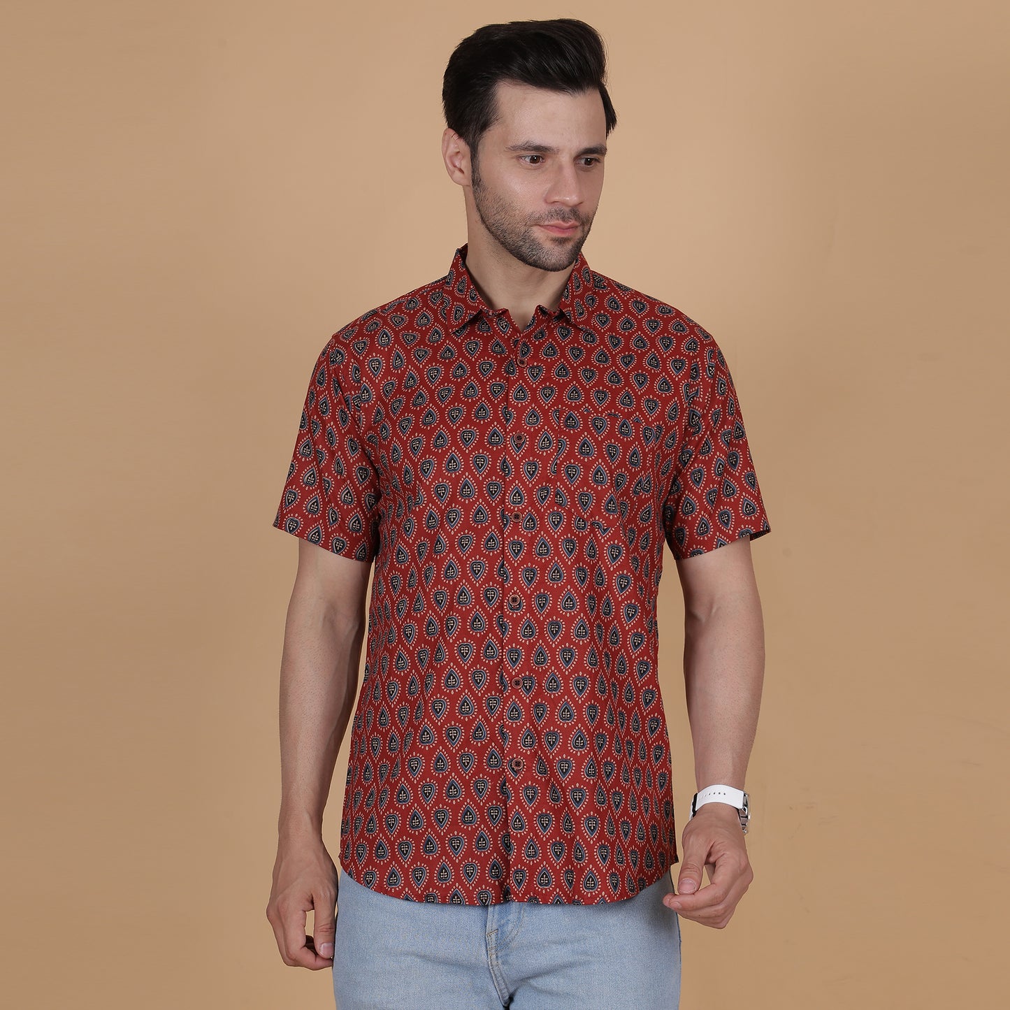 Men's Maroon Cotton Half-Sleeve Shirt with Teardrop Pattern