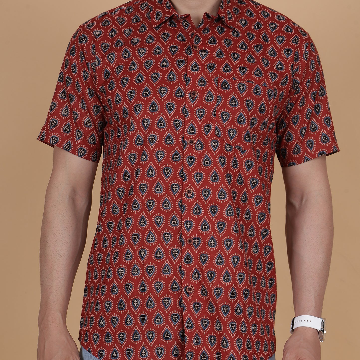 Men's Maroon Cotton Half-Sleeve Shirt with Teardrop Pattern