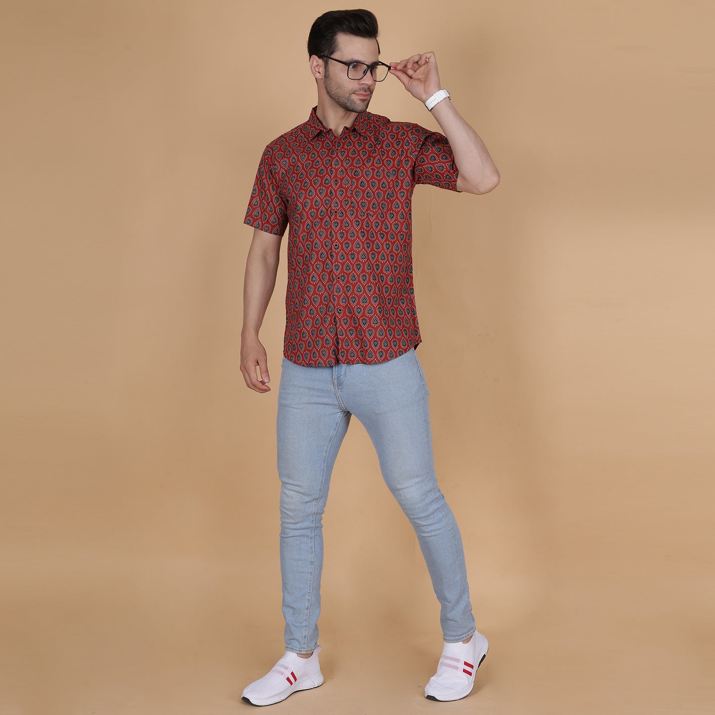 Men's Maroon Cotton Half-Sleeve Shirt with Teardrop Pattern