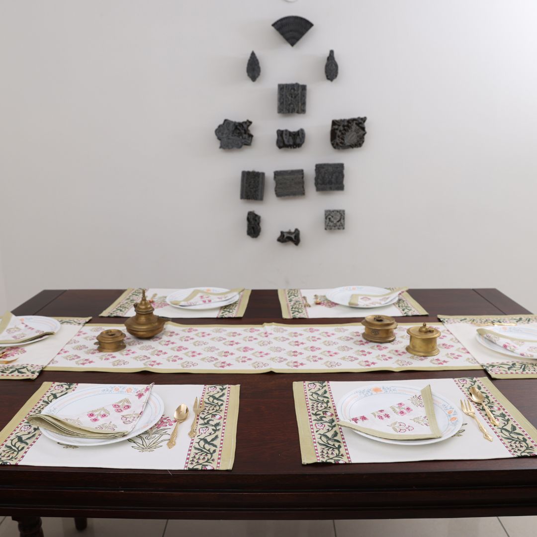 Pink Flower Handblock Dining Set