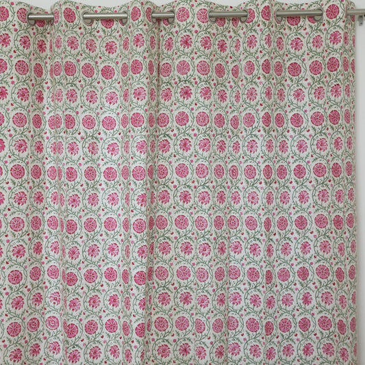 Pink Flower Full-Length Handblock Curtain | 1 PC