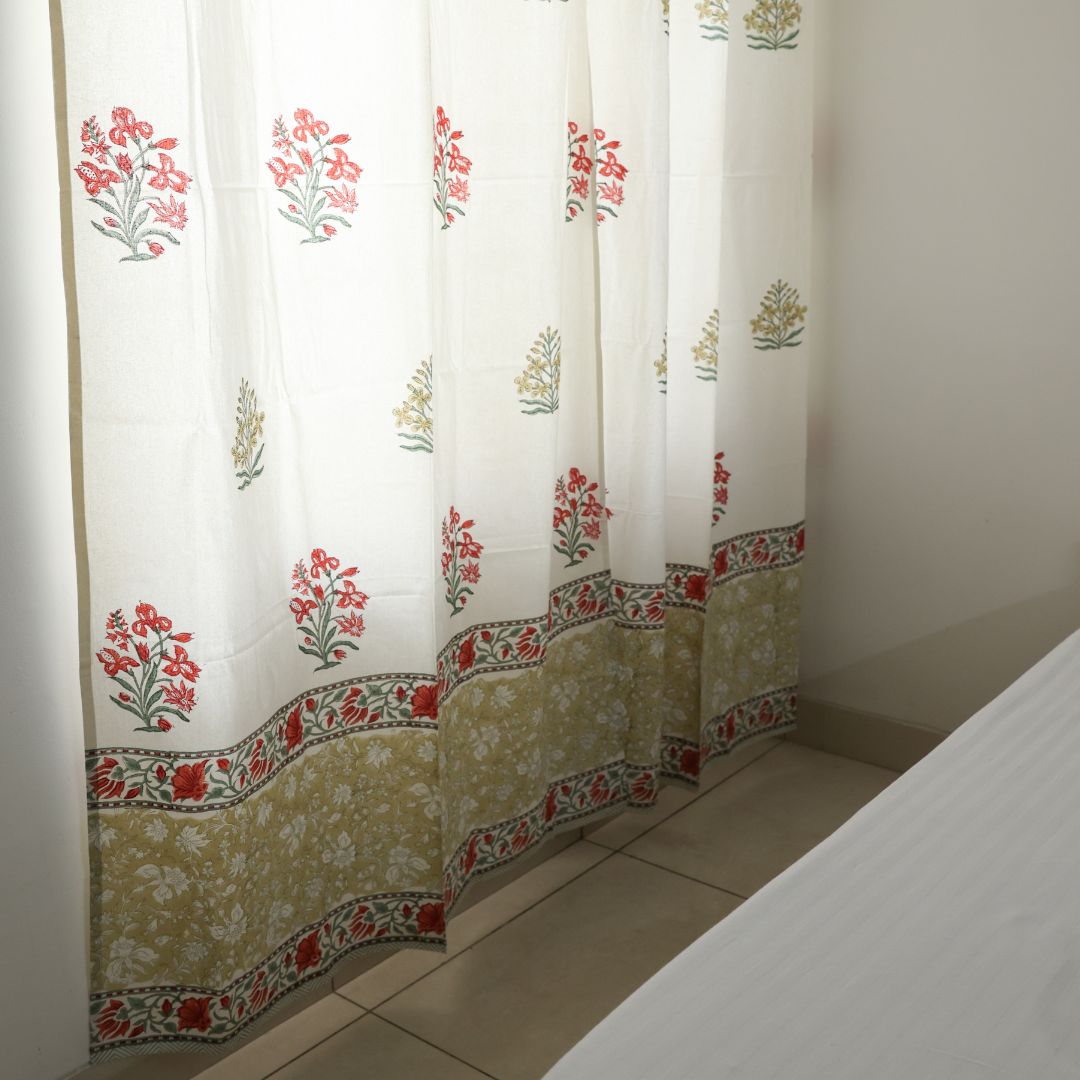 Grey Leaf & Red Flower Handblock Curtain | 1 PC