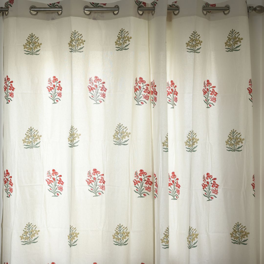 Grey Leaf & Red Flower Handblock Curtain | 1 PC