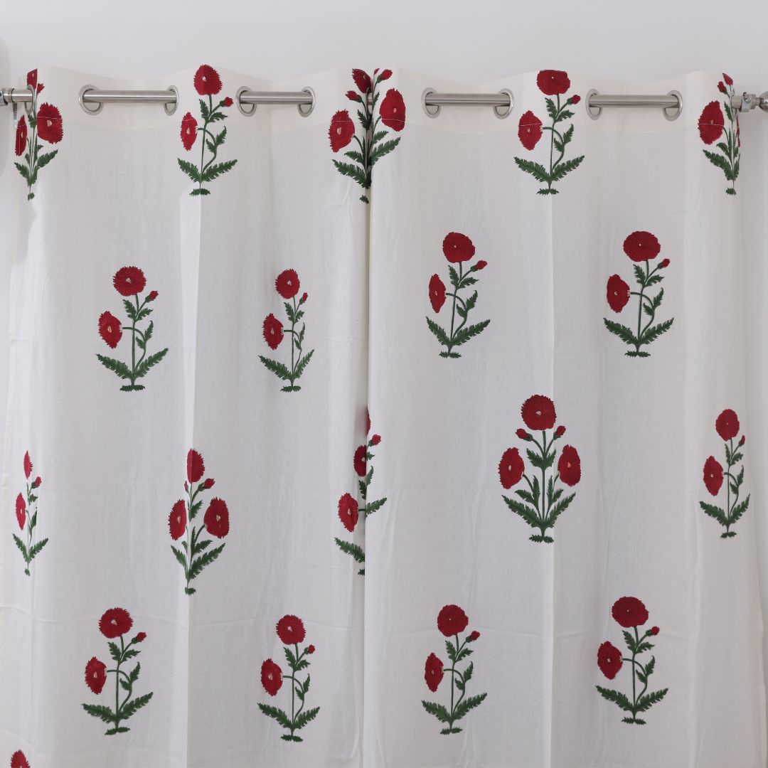 Red Poppy Flower Handblock Curtain | 1 PC