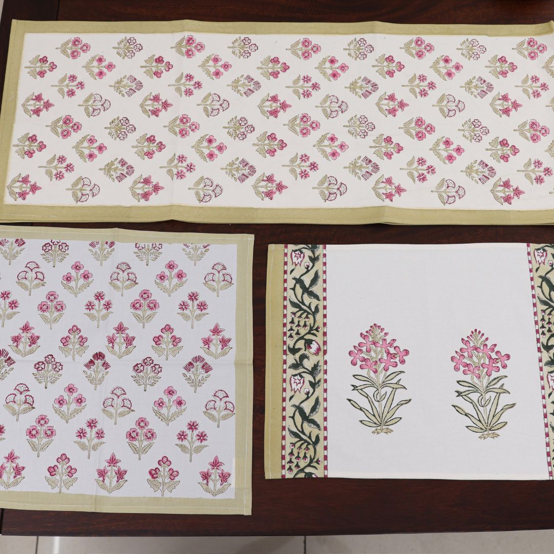 Pink Flower Handblock Dining Set