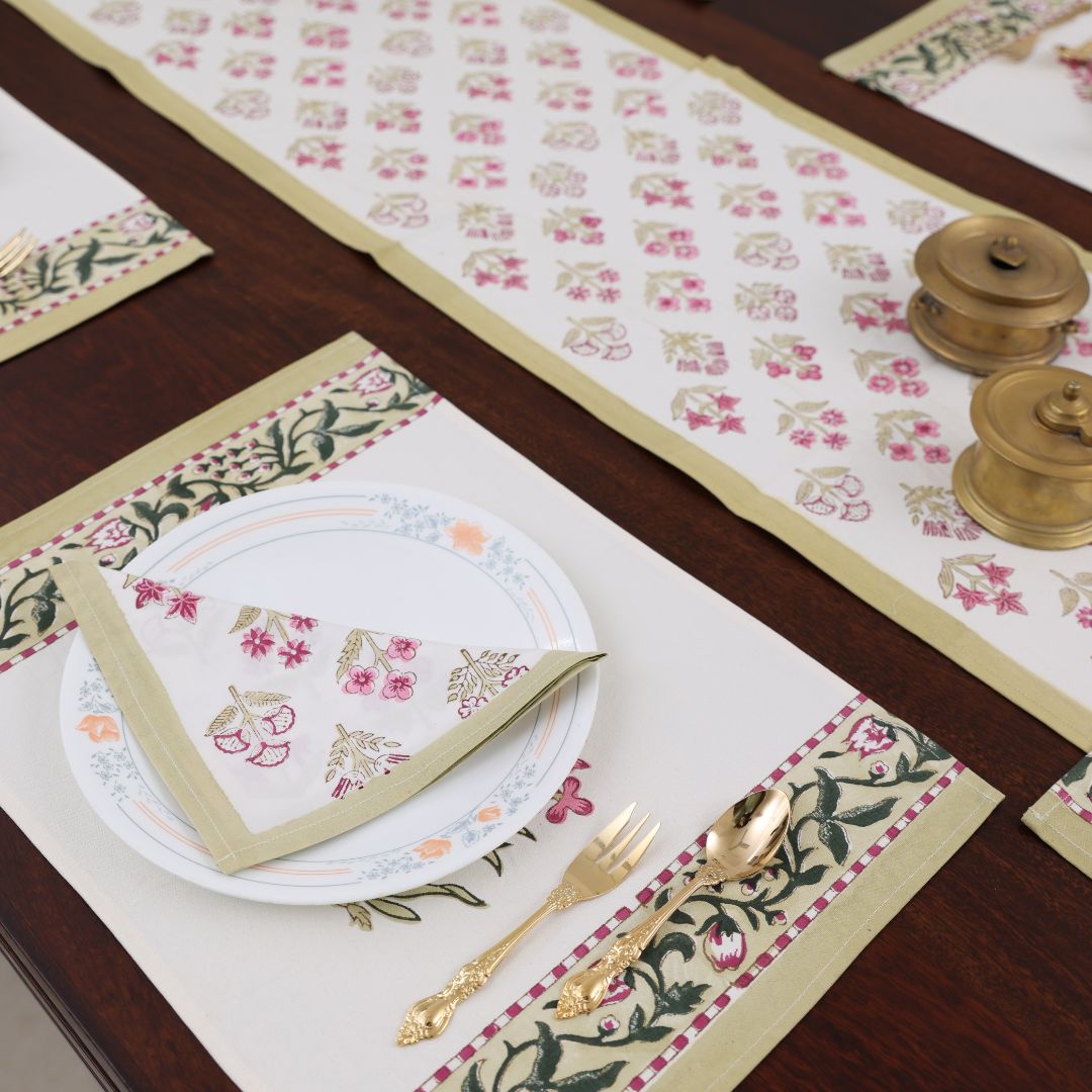 Pink Flower Handblock Dining Set