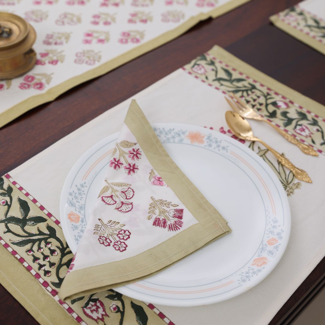 Pink Flower Handblock Dining Set