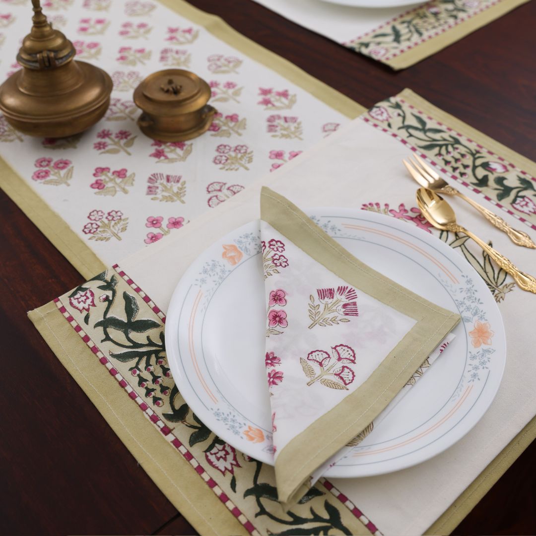 Pink Flower Handblock Dining Set
