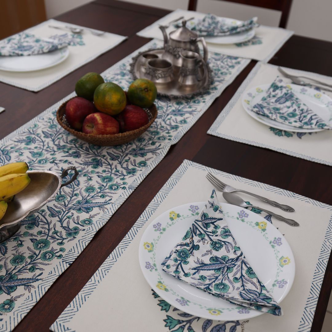 Turquoise and Grey Flower Handblock Dining Set