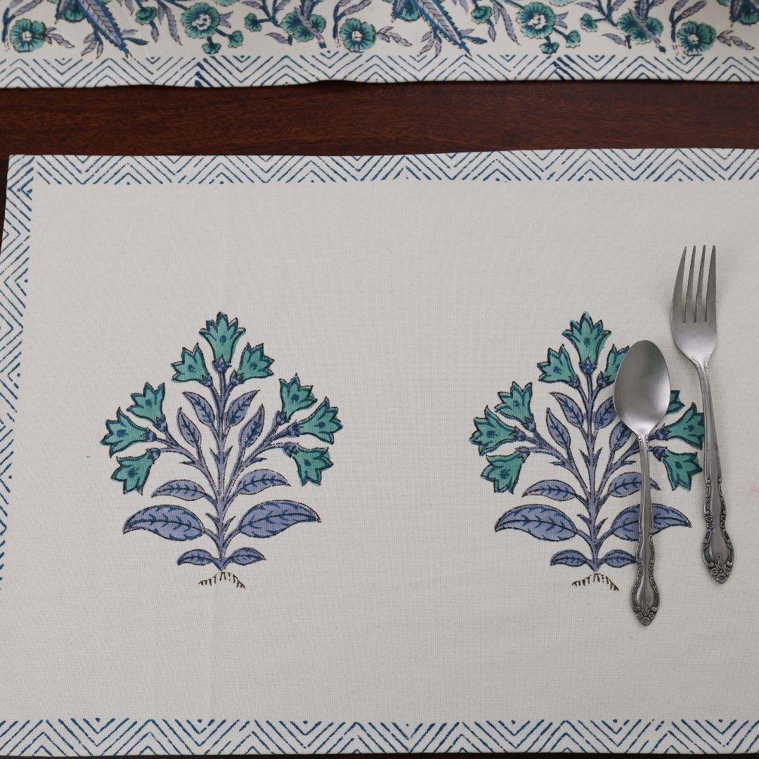 Turquoise and Grey Flower Handblock Dining Set