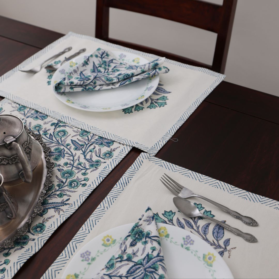 Turquoise and Grey Flower Handblock Dining Set