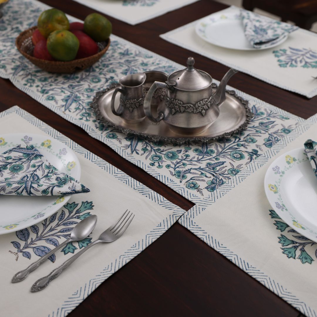 Turquoise and Grey Flower Handblock Dining Set