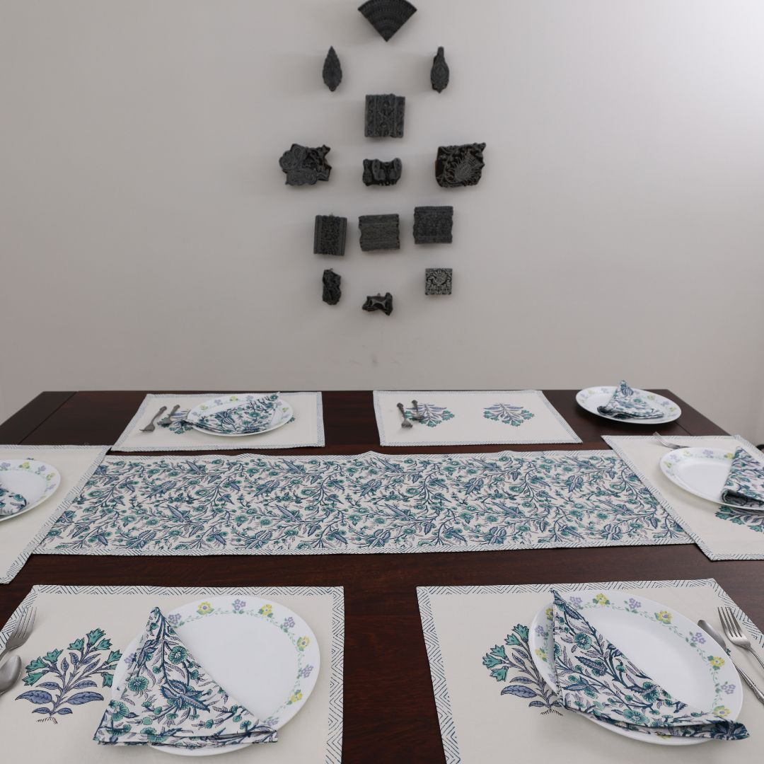 Turquoise and Grey Flower Handblock Dining Set