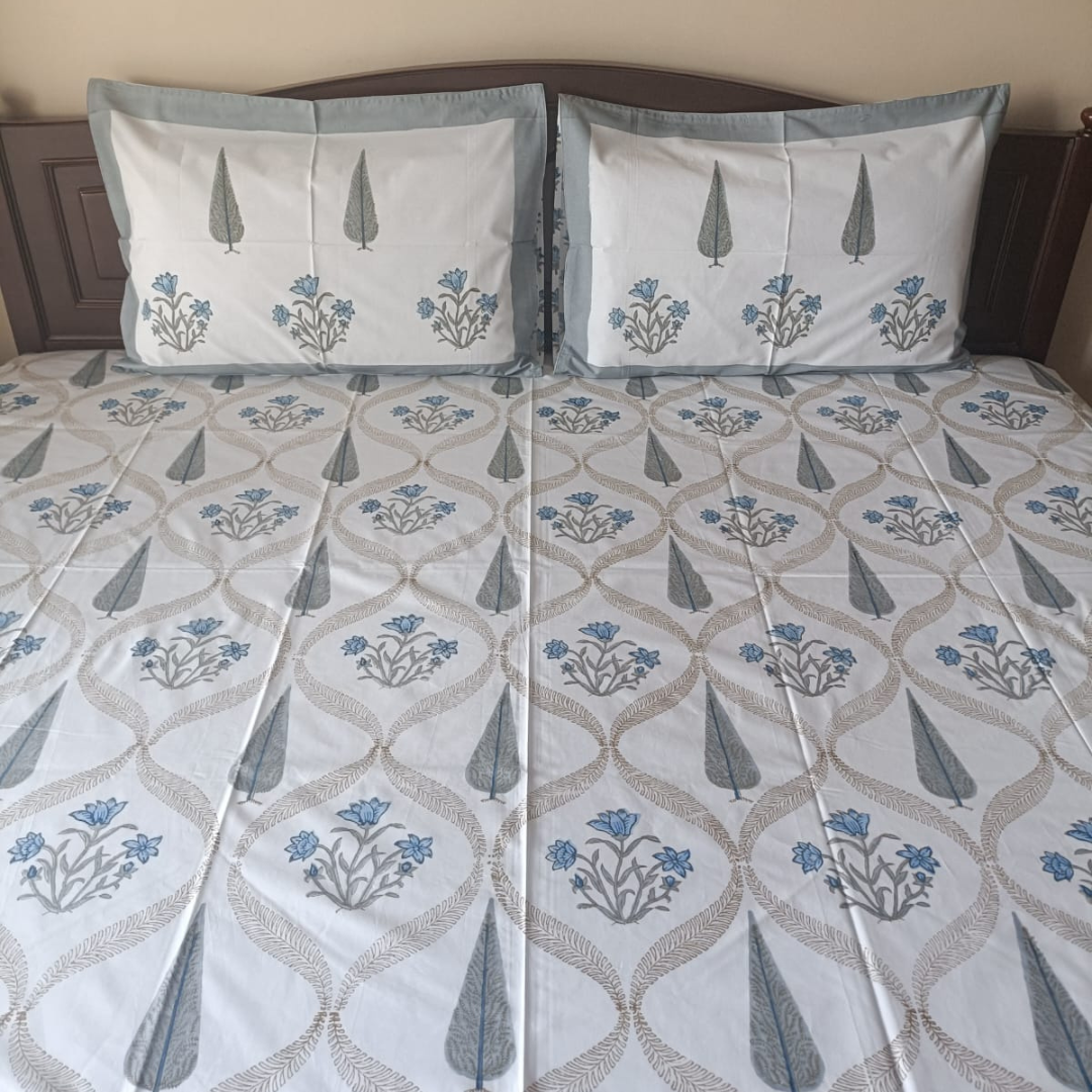 Blue and Grey Percale Cotton 300 TC Bedsheet