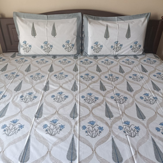 Blue and Grey Percale Cotton 300 TC Bedsheet