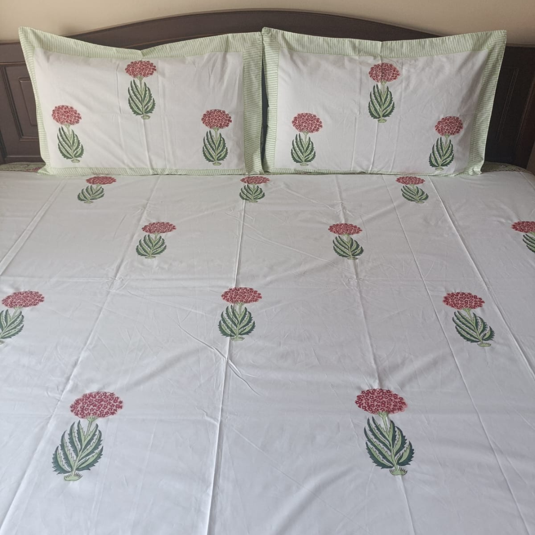 Soft Pink and Green Percale Cotton Bedsheet – 300 TC
