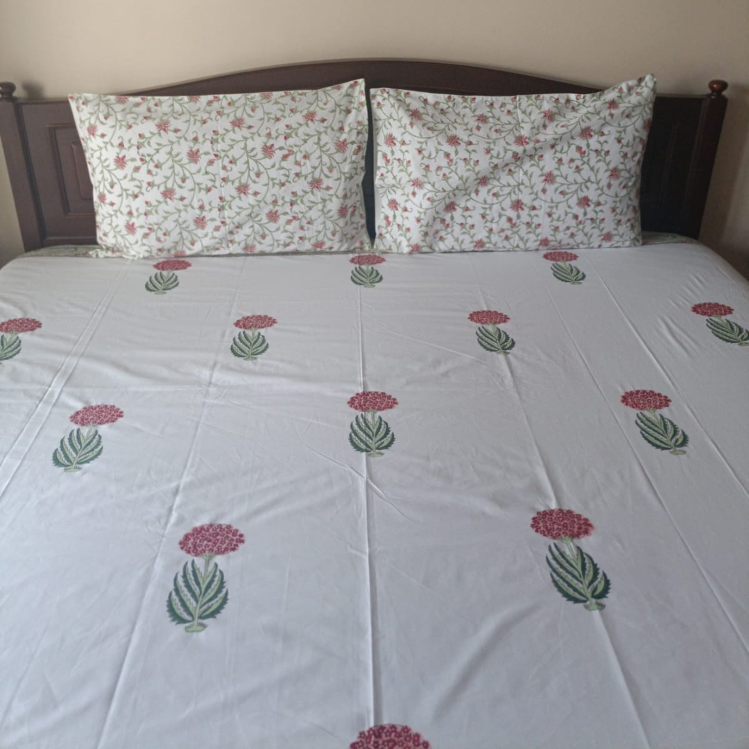 Soft Pink and Green Percale Cotton Bedsheet – 300 TC