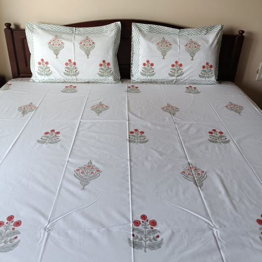 Red Floral Percale Cotton Bedsheet – 300 TC