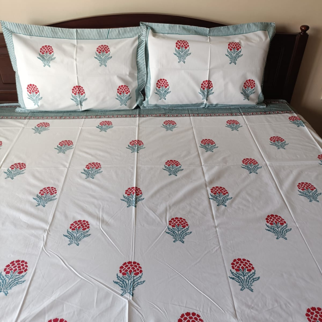 Red and Blue Floral Percale Cotton Bedsheet – 300 TC