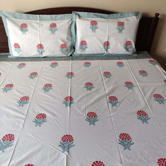 Red and Blue Floral Percale Cotton Bedsheet – 300 TC