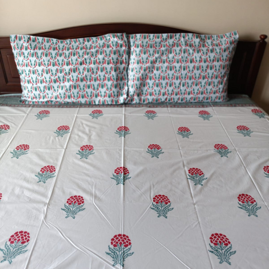 Red and Blue Floral Percale Cotton Bedsheet – 300 TC