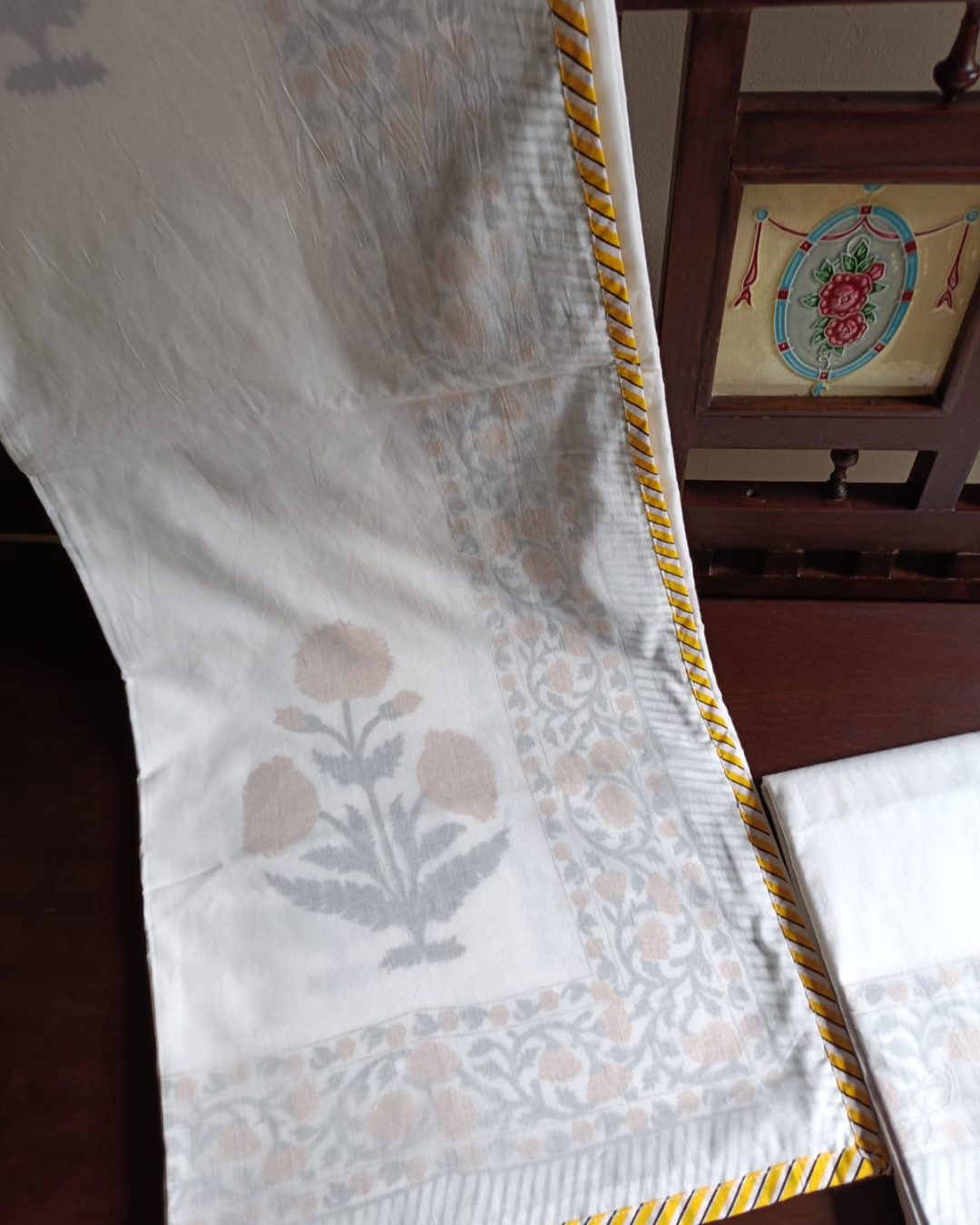 Gold Trim Grey Floral Block Print Dohar