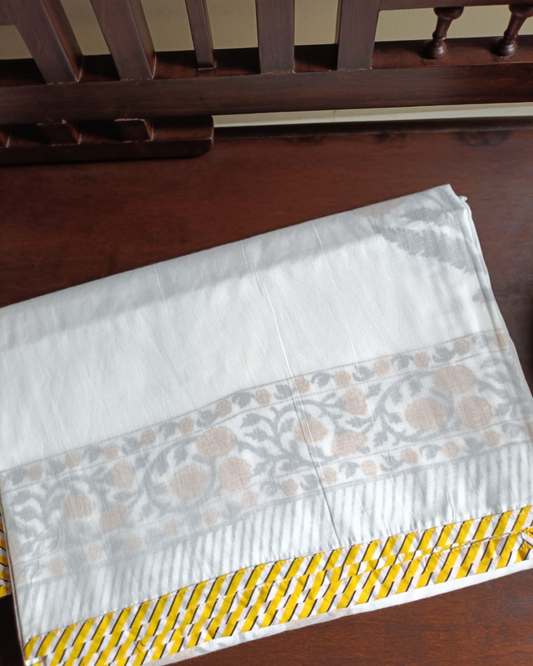 Gold Trim Grey Floral Block Print Dohar