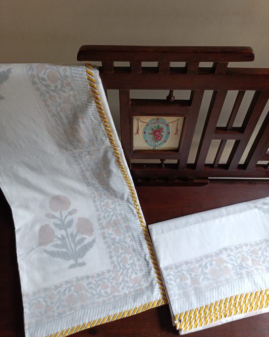Gold Trim Grey Floral Block Print Dohar