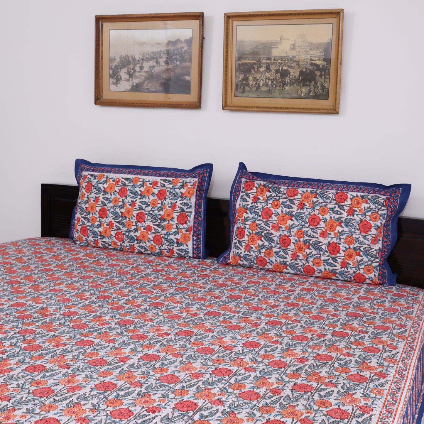 Dark Blue & Orange Handblock Printed Cotton Bedsheet