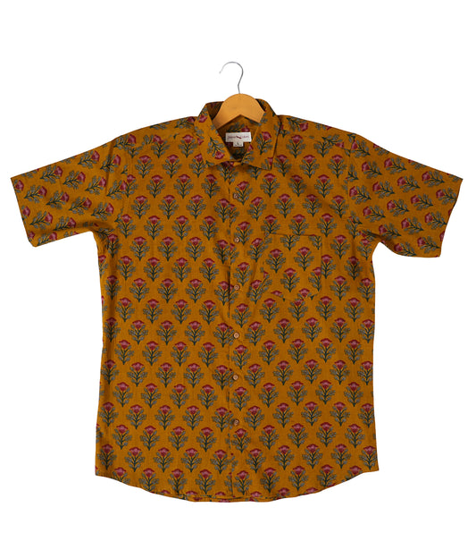 Mustard Magic Red and Green Floral Pattern Shirt