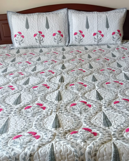 Pink Flowers Grey leaf Jaal pattern, Handblock quilted Comforter Set with 2 Pillow Covers