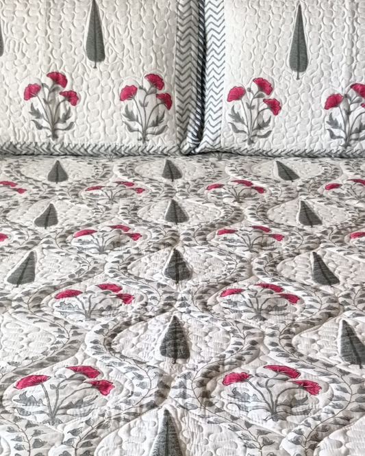 Pink Flowers Grey leaf Jaal pattern, Handblock quilted Comforter Set with 2 Pillow Covers