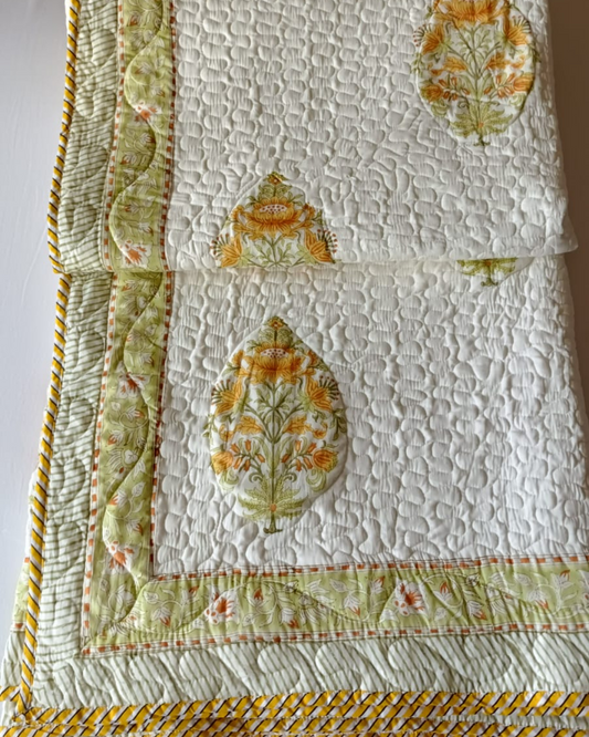 Yellow Flower Booti, Handblock Quilted Comforter Set with 2 Pillow Covers
