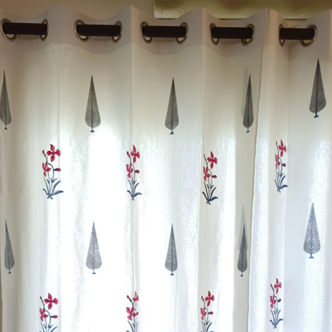 Red Floral and Grey Leaf Handblock Cotton Curtain | 1 PC